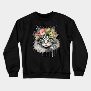 Maine Coon Cat Flowers Water Color Cat Mom Mother's Day Gift Crewneck Sweatshirt